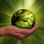 das Bild zeigt eine grüne Weltkugel in einer geöffneten Hand und symbolisiert so das System Nachhaltigkeit