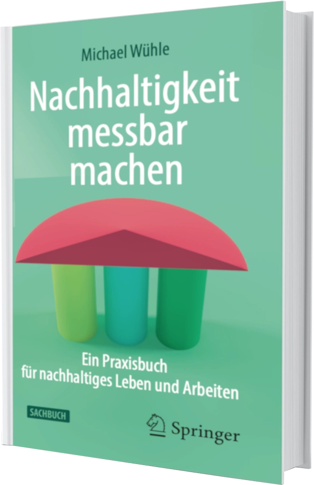 Das Cover des Buchs 'Nachhaltigkeit messbar machen', ein Sachbuch des Nachhaltigkeits-Experten Michael Wühle. Erschienen im Springer-Verlag 2022