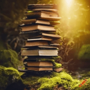 Das Bild zeigt einen Stapel von Büchern auf einer Waldlichtung auf die Sonnenstrahlen fallen. Es symbolisiert die vielen Tipps, die es für ein nachhaltiges Leben gibt.